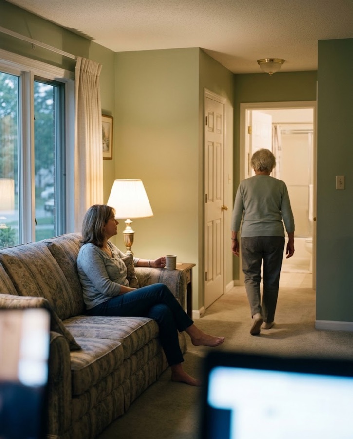 A woman in her fifties sits on a sofa holding a mug, watching her elderly mother walk unaided toward the bathroom. She stays seated.