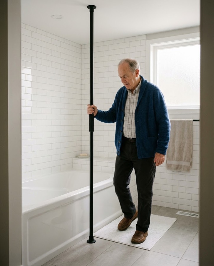 An older man in a blue cardigan holds a matte black floor-to-ceiling pole beside a bathtub.